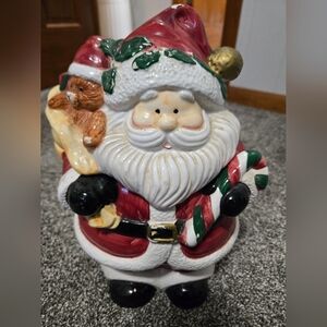 Festive Santa Claus Cookie Jar with Teddy Bear and Candy Cane